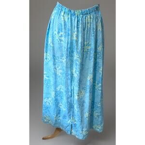 Eddie Bauer Linen Skirt Womens 4 Blue Yellow Tropic Island Boho Floral Long Maxi